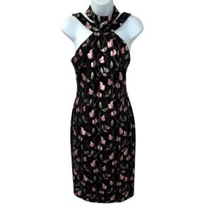 Bebe Black and Floral Bodycon Halter Dress Size 8